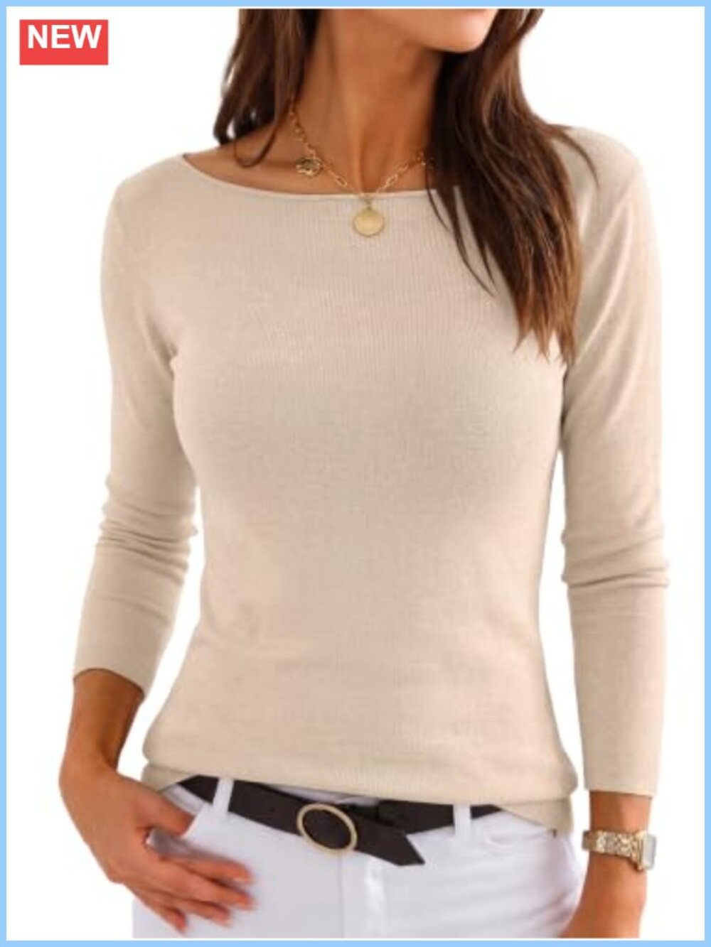 Boat Neck Long Sleeve Knit Pullover Sweater Lightweight Fall Top